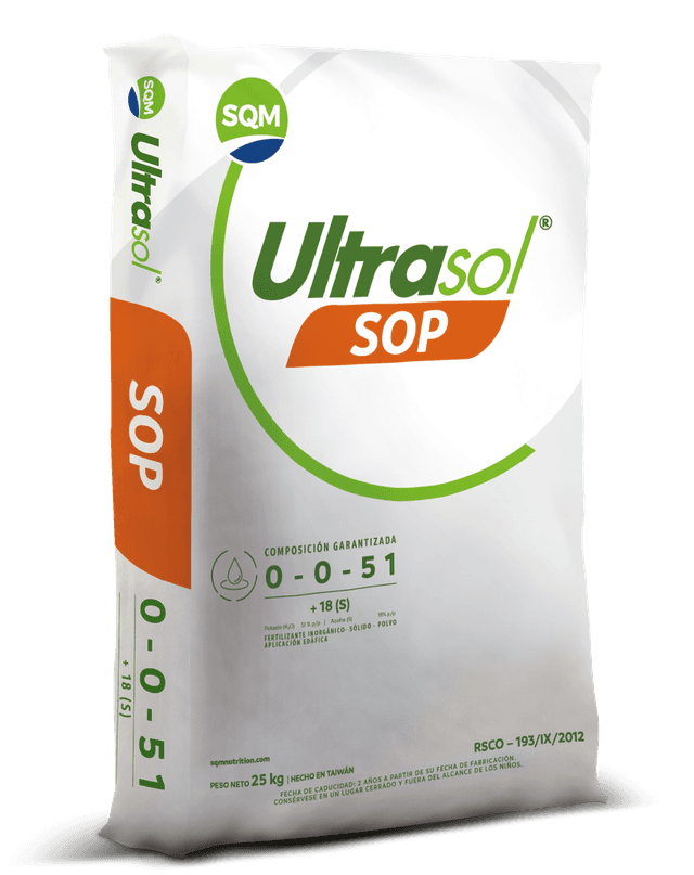 Saco 25kg CORP Ultrasol SOP 0-0-51+18S Hecho en taiwan MEX-EC-PE 3D